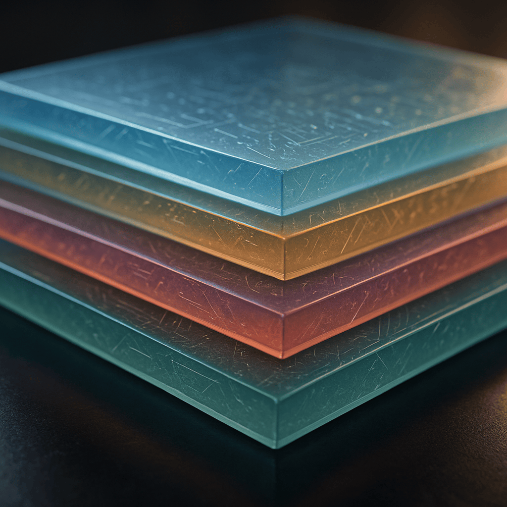 Stacked translucent glass layers in different colors representing a modern marketing technology stack