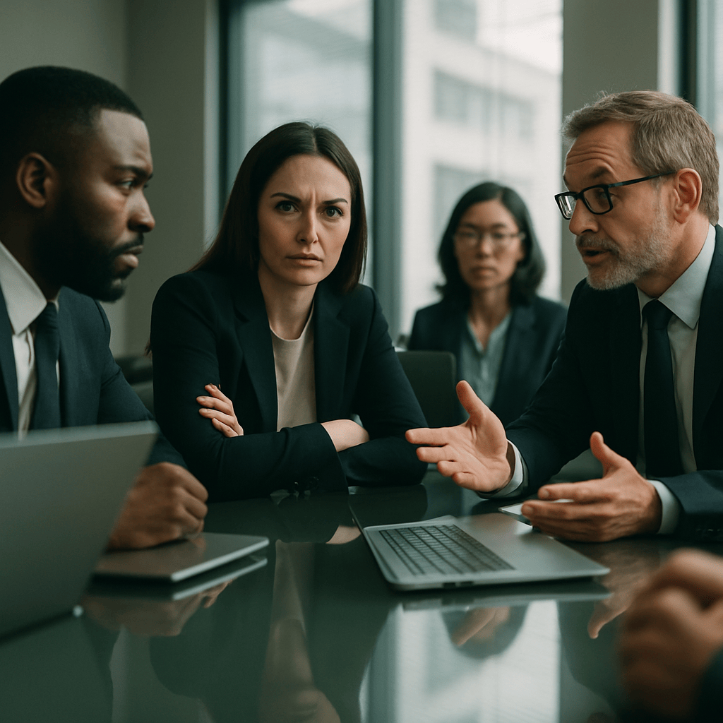Diverse professionals in a conference room engaged in a tense strategic discussion around a glass table
