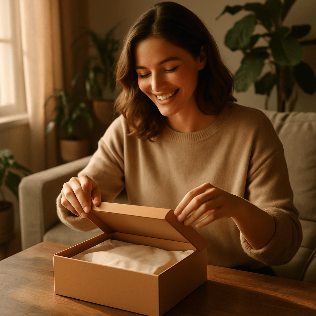 Person unboxing a branded package on a wooden coffee table in warm afternoon light