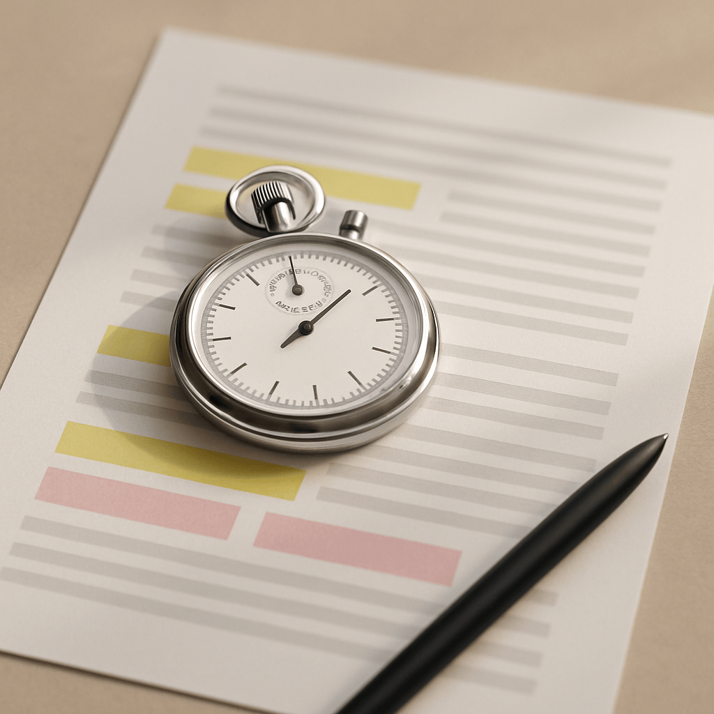 Overhead view of a stopwatch and pen on a document with colored highlighted sections