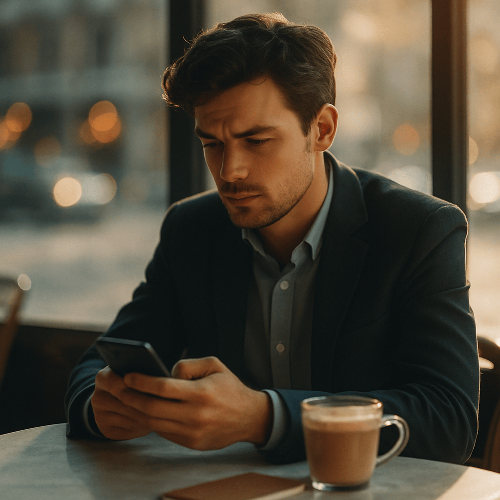 Young professional engaging thoughtfully on a smartphone at a bright cafe with morning light