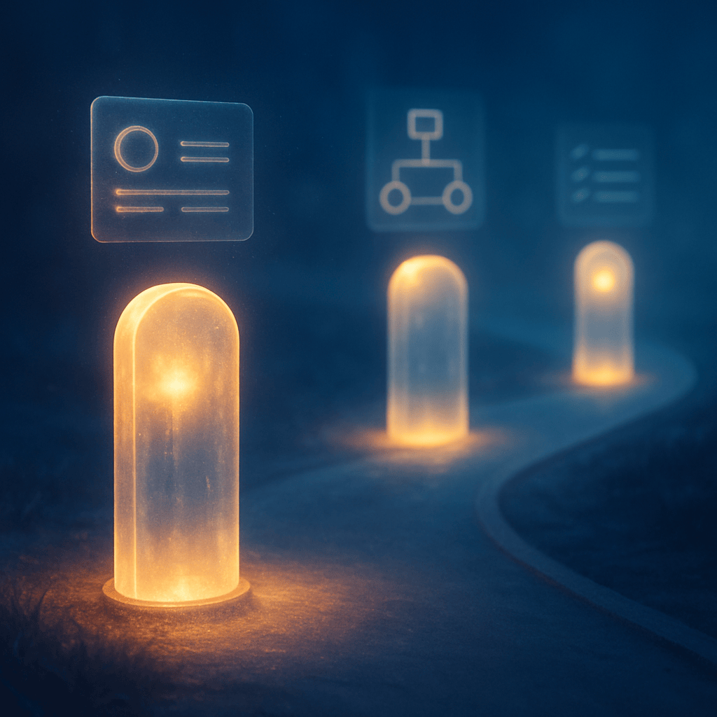 Three glowing milestone markers along a curved path representing phased AI agent rollout plan