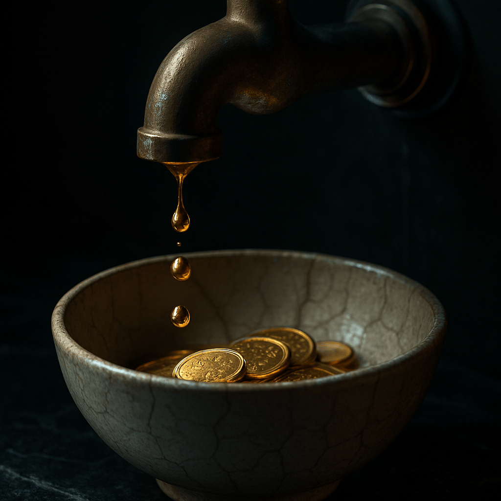 Golden coins dripping from a leaking faucet into a cracked bowl symbolizing wasted ad spend
