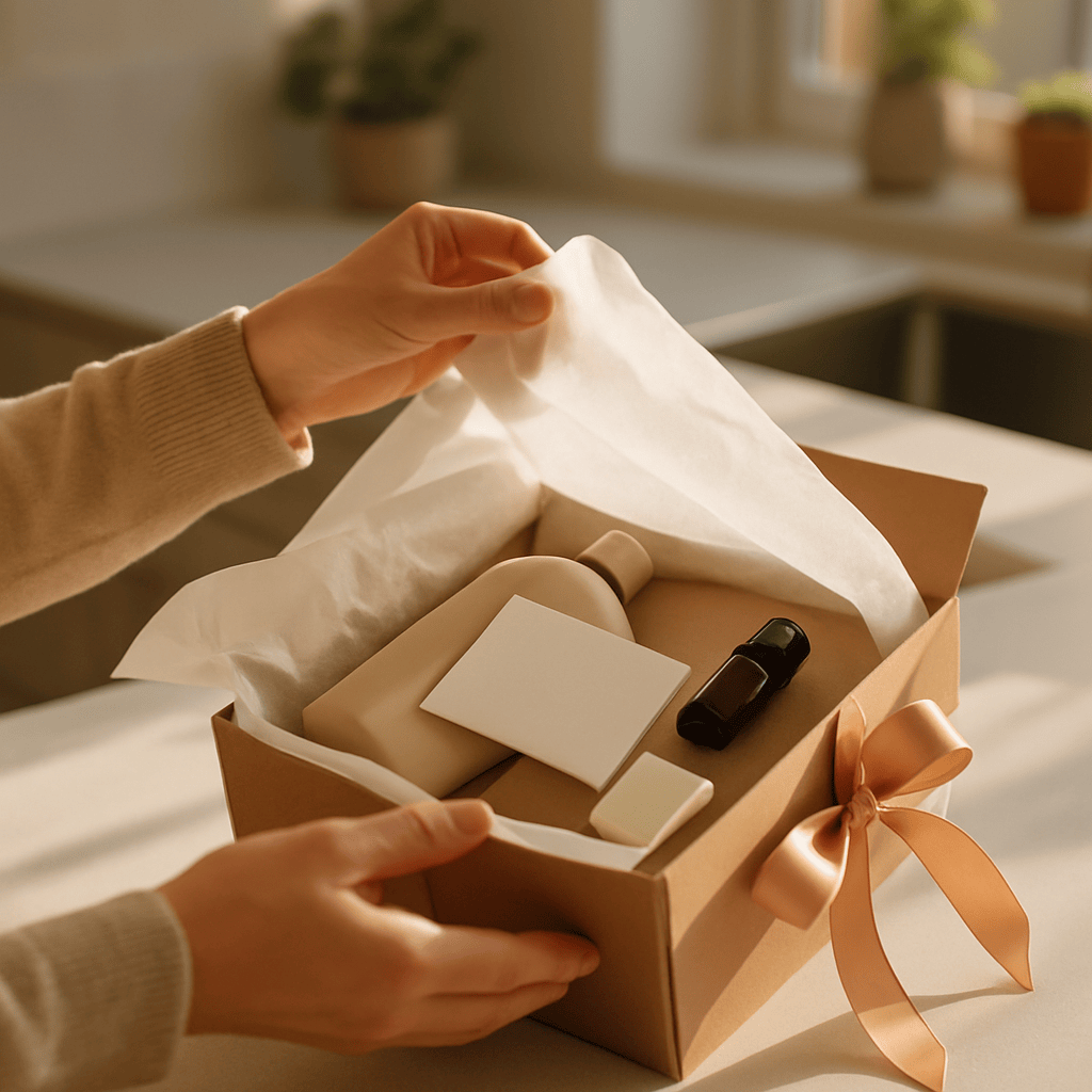 Customer unboxing a premium BFCM order with surprise sample illustrating post-purchase LTV extraction moment