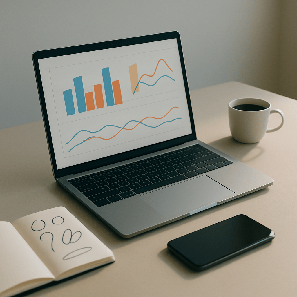 Laptop displaying abstract analytics dashboard on a modern desk with notebook and coffee