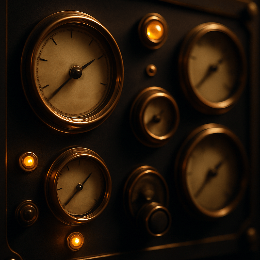 Vintage brass dashboard with dials and gauges symbolizing referral program KPI measurement