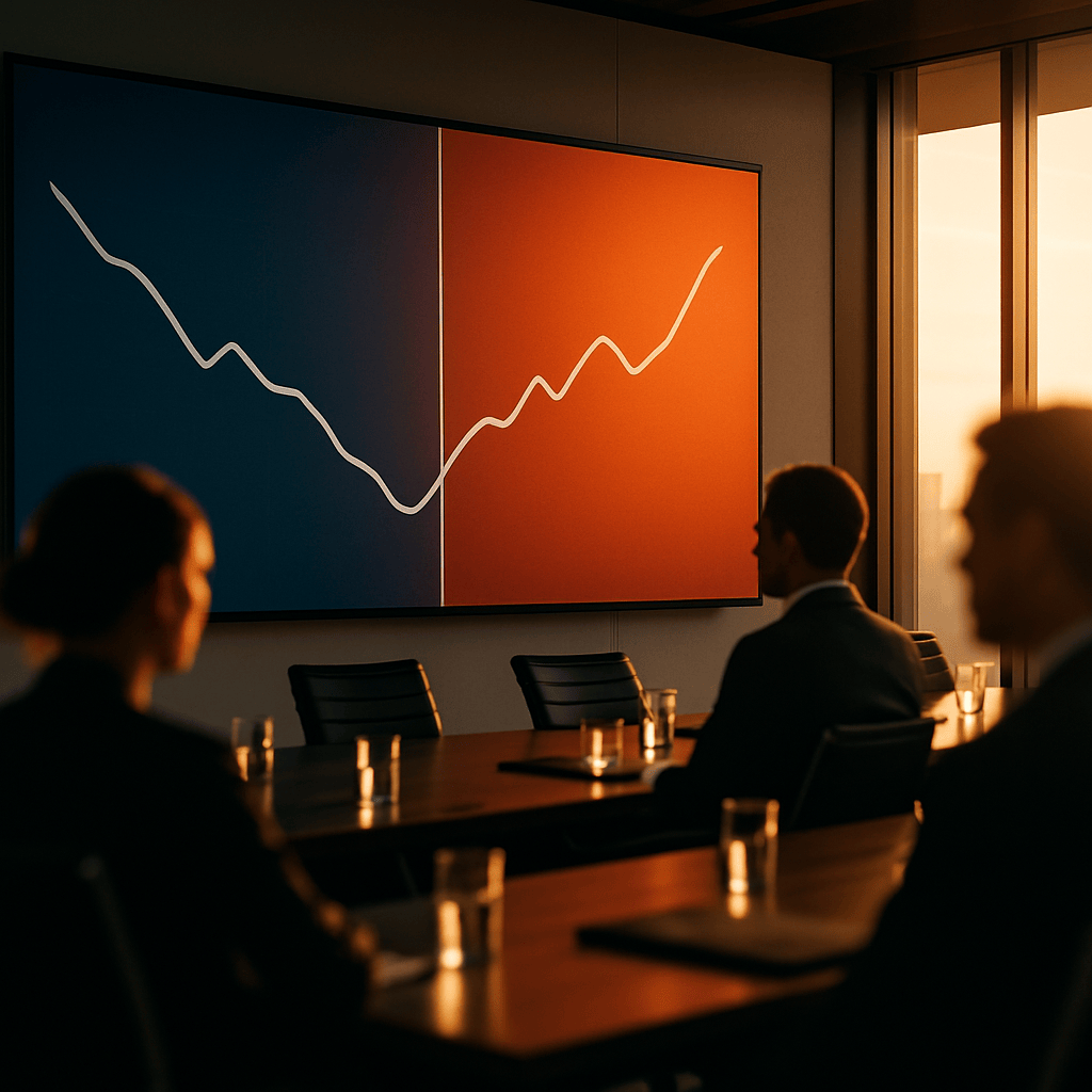 Boardroom scene with large screen showing abstract trend chart split by vertical dividing line