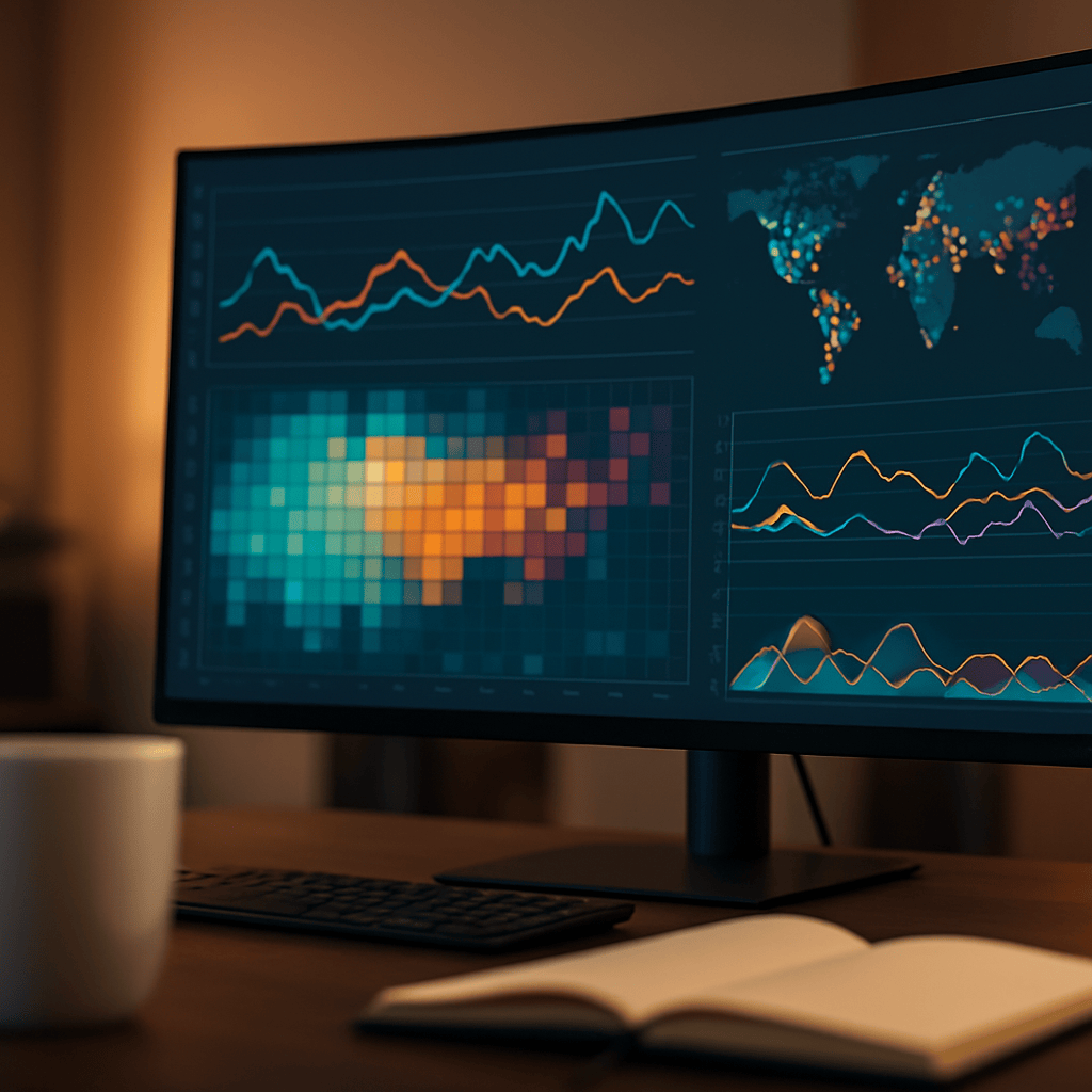 Analyst workspace with monitor showing colorful sales performance dashboards and geographic distribution maps