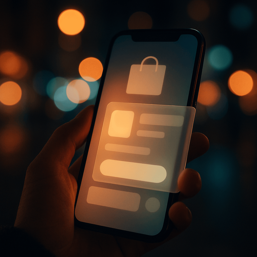 Hand holding glowing smartphone at night with translucent shopping checkout card floating above the screen