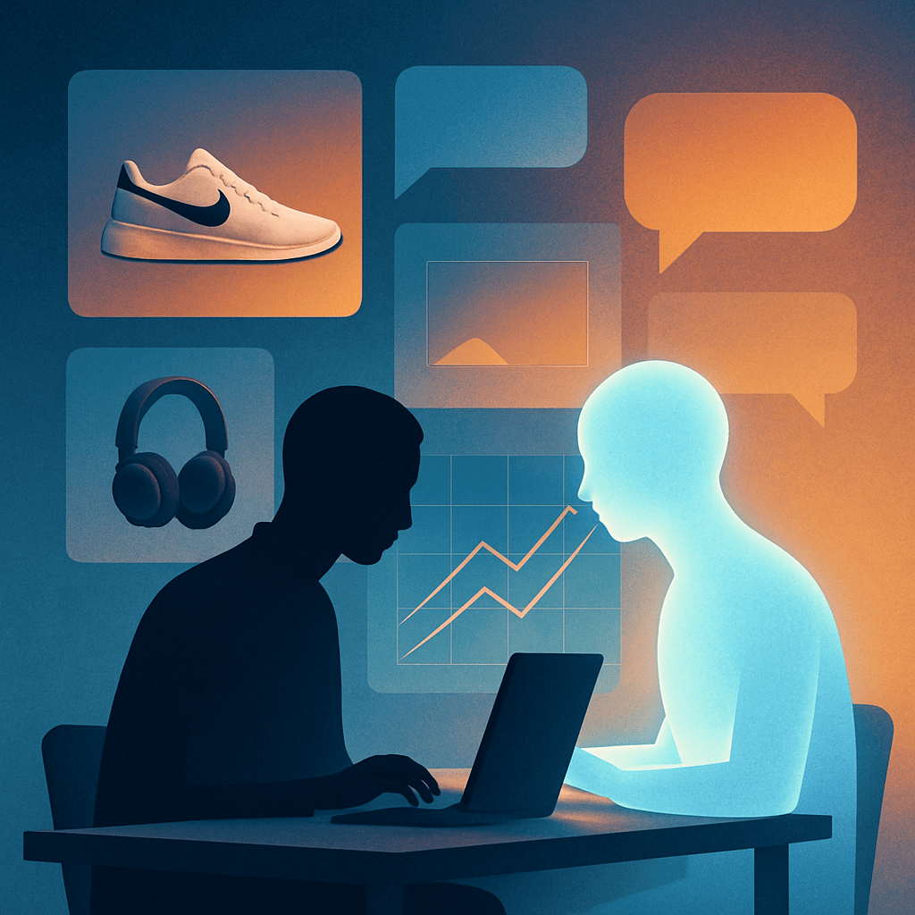 Conceptual illustration of solo retailer collaborating with generative AI assistant at shared workbench