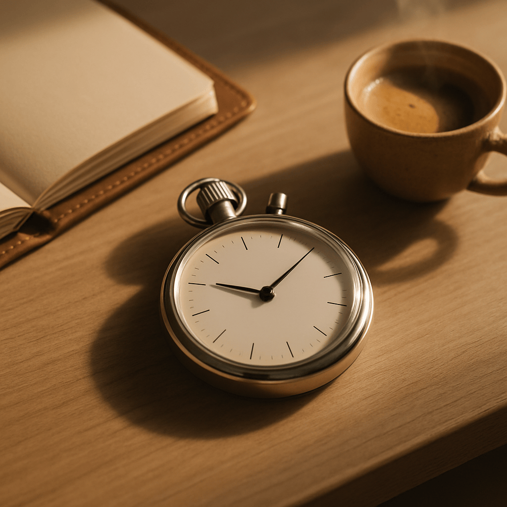 Analog stopwatch beside notebook and espresso on wooden desk symbolizing timed interview preparation