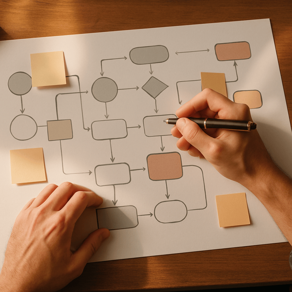 Hands annotating a printed abstract framework diagram with sticky notes on a wooden desk