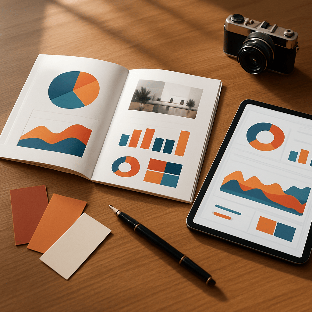 Overhead view of a designed marketing case study booklet tablet and creative tools on a wooden desk