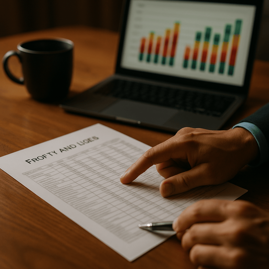 Close-up of hands reviewing printed financial spreadsheet with laptop showing margin charts nearby