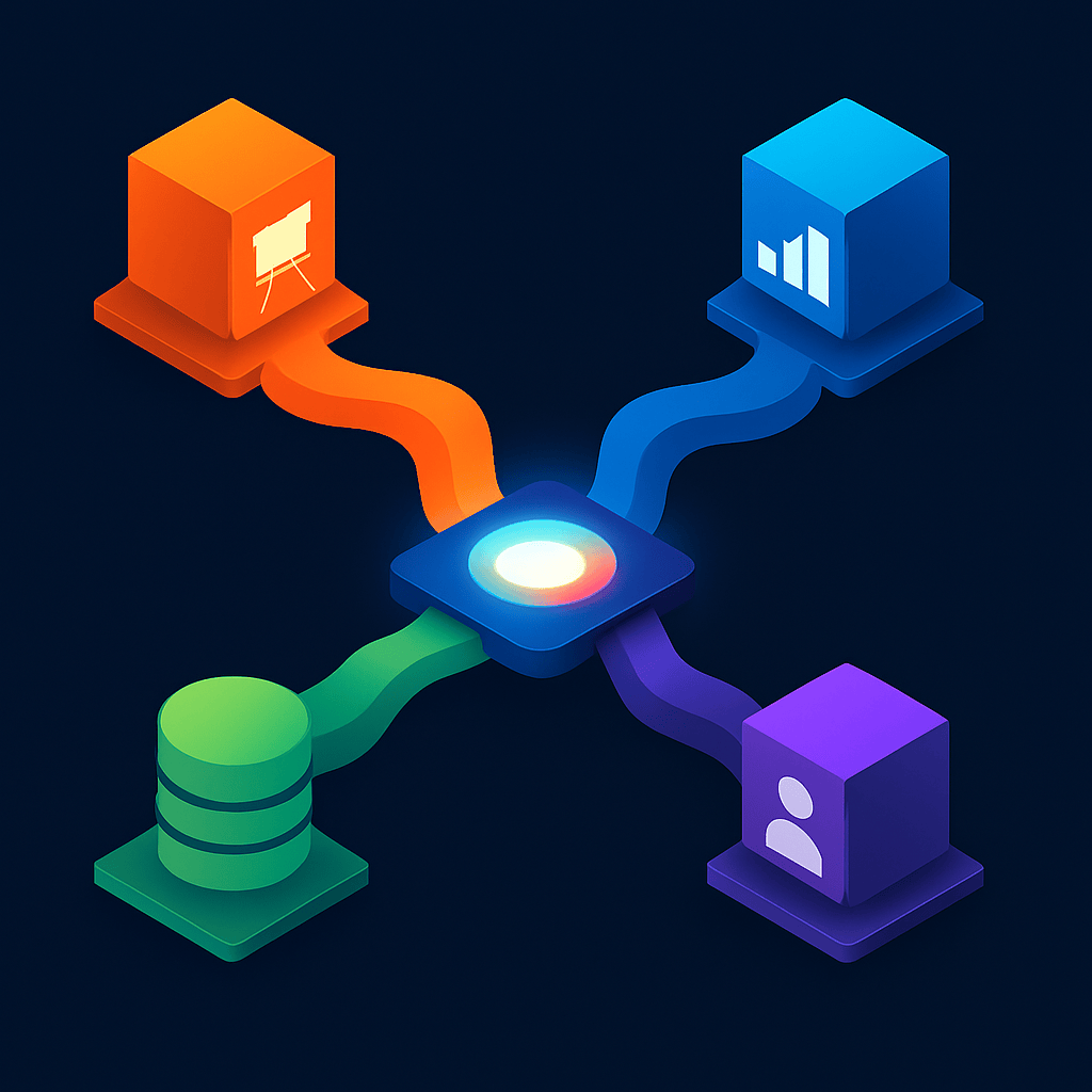 Four colorful data streams converging into a central hub representing unified marketing data architecture