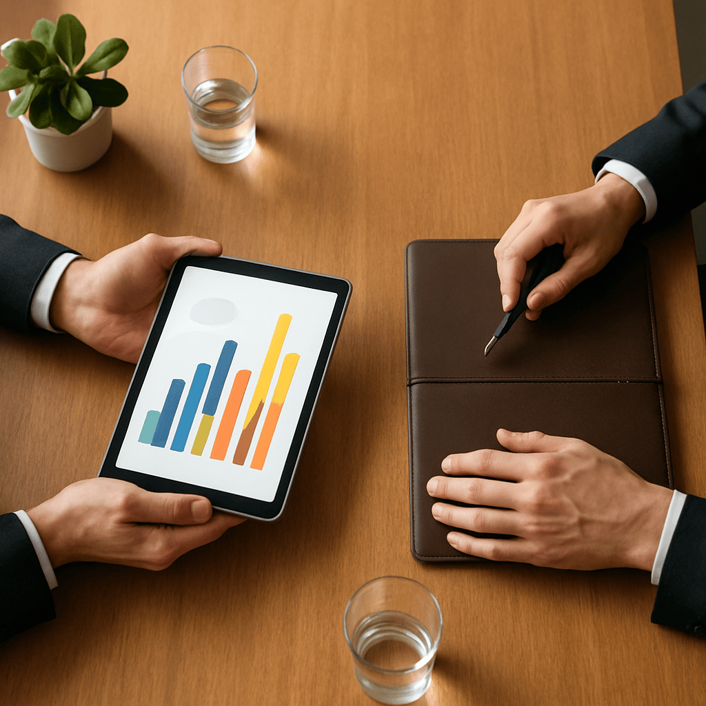 Two professionals across a conference table during a mid-level marketing job offer negotiation