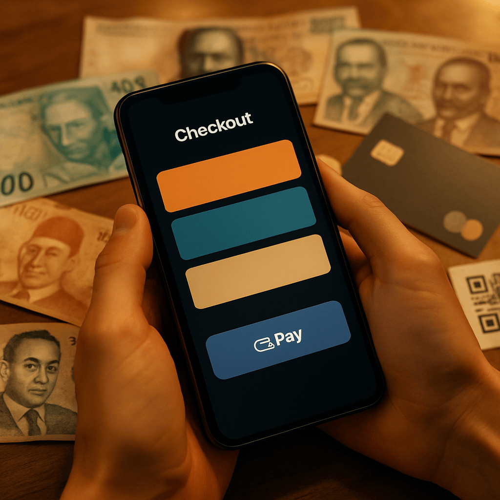 Smartphone checkout with multiple local currencies and payment method icons on a cafe table