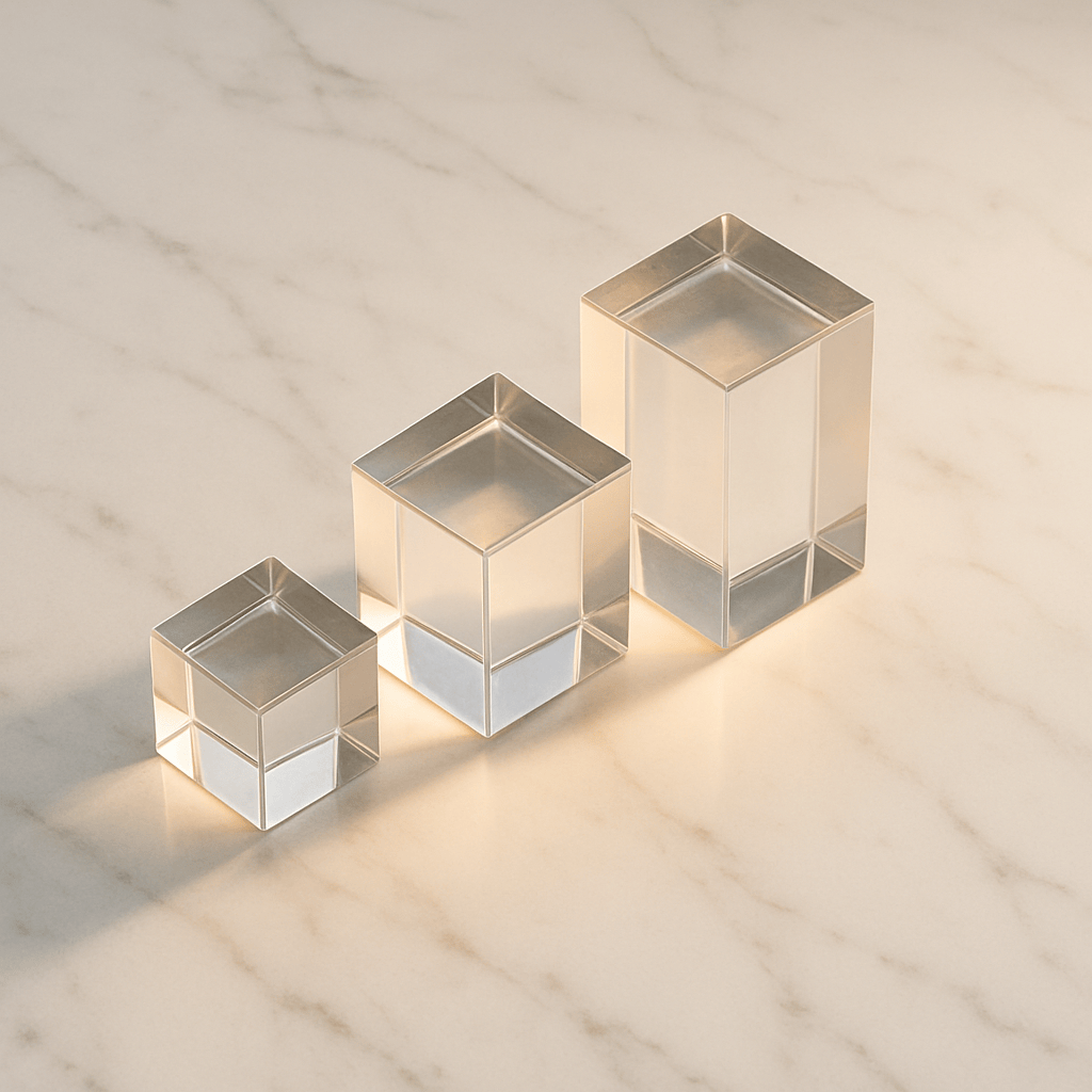 Three ascending crystal cubes on marble representing good better best pricing tier architecture