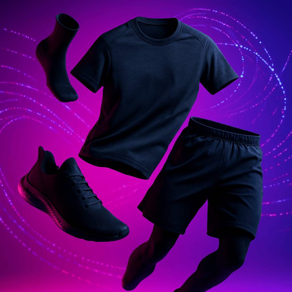 Athletic apparel suspended in mid-air with vibrant neon lighting and swirling abstract data elements