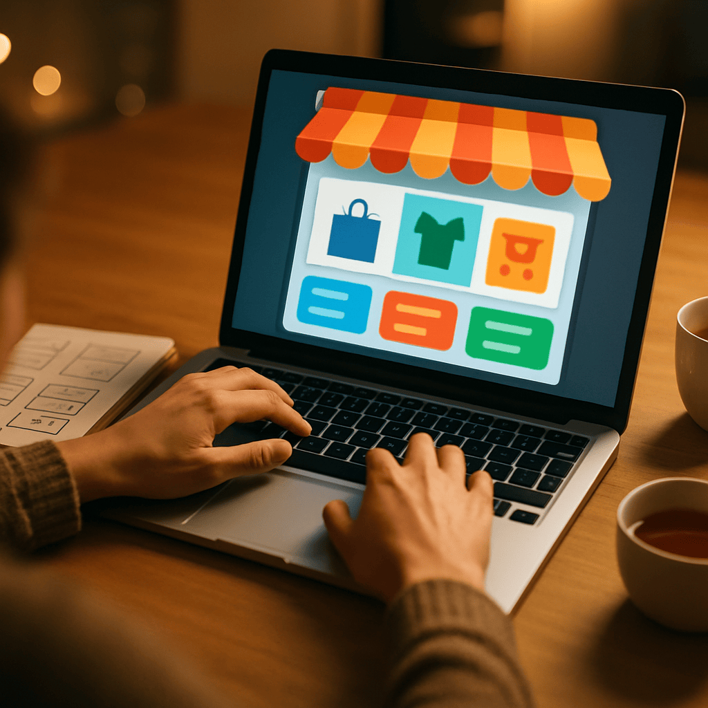 Learner building an online storefront on a laptop during a digital marketing certificate course