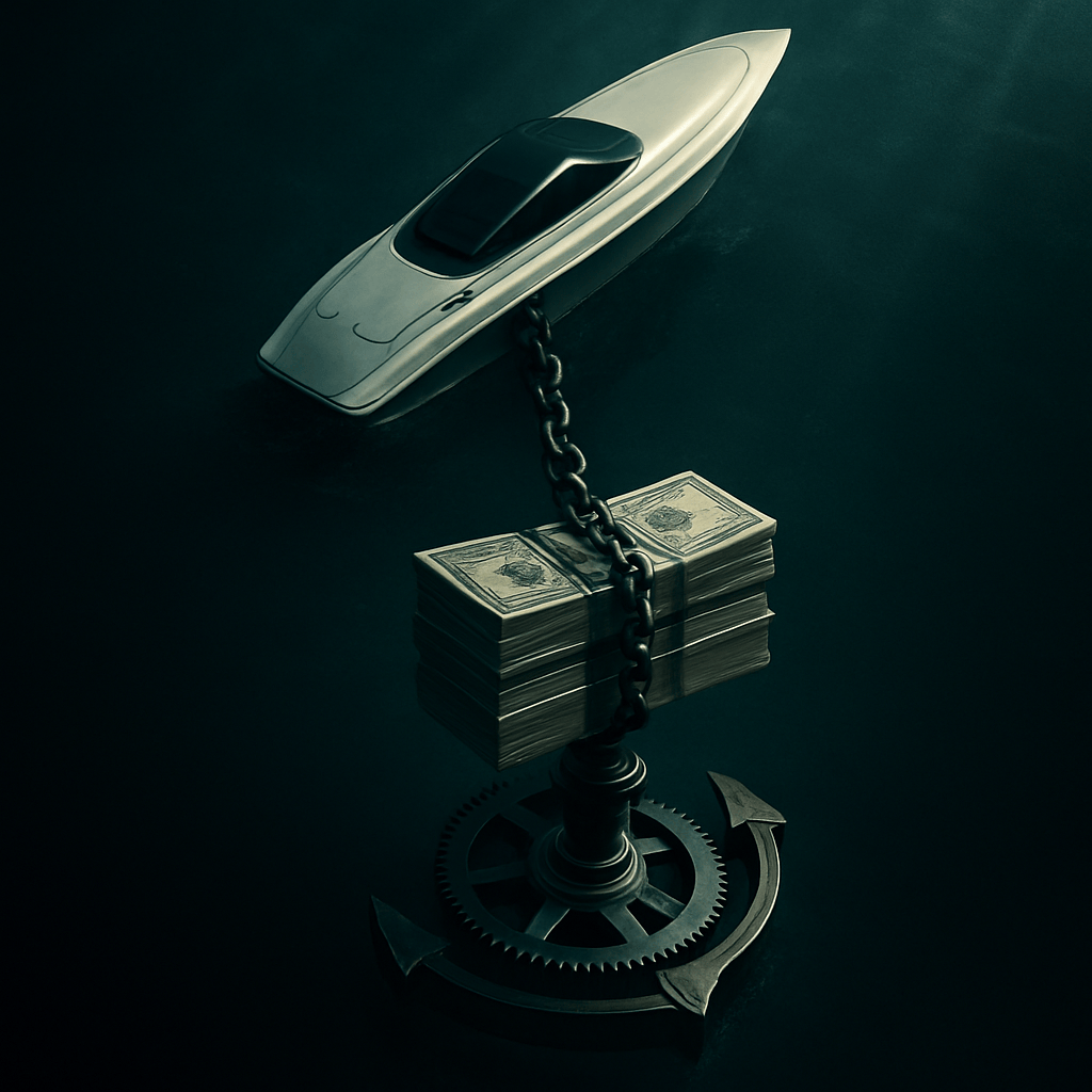 Heavy anchor of coins and gears pulling down a speedboat representing opportunity cost of contract lock-in