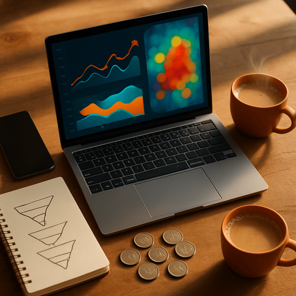 Overhead view of laptop showing paid media dashboard graphs with notebook and chai cup