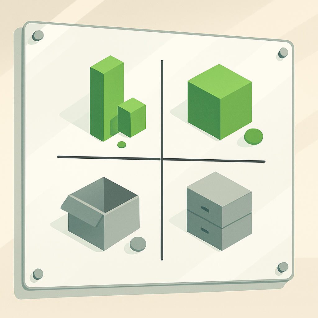 Four-quadrant catalog segmentation matrix illustration with colored product icons in each zone