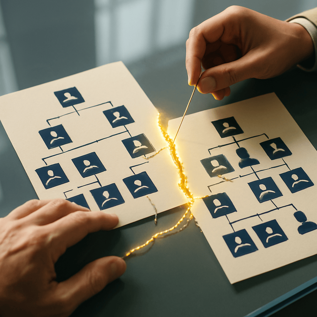 Two separate organizational charts being stitched together with gold thread across a glass table