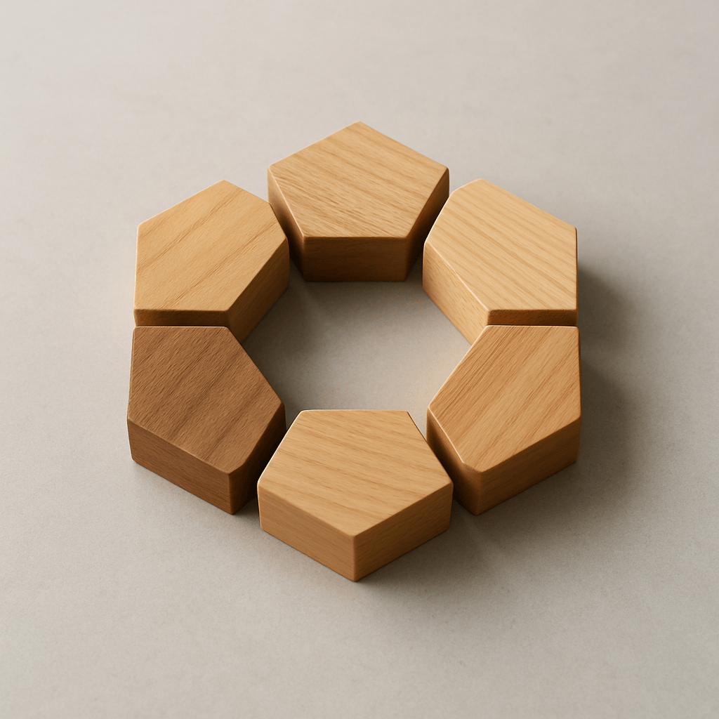 Six wooden hexagonal blocks arranged in a circle representing a weighted evaluation rubric framework