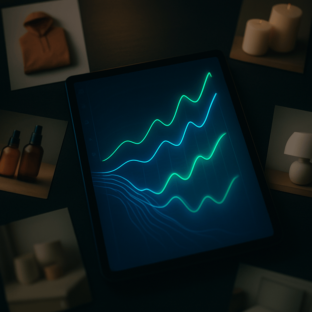 Analytics dashboard with rising performance curves surrounded by diverse DTC product photography