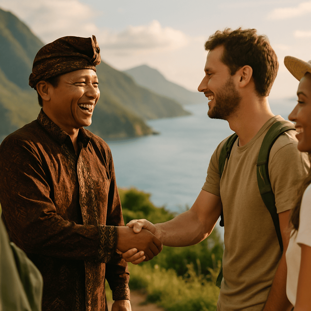 Local tour guide warmly greeting international travelers in a scenic outdoor destination