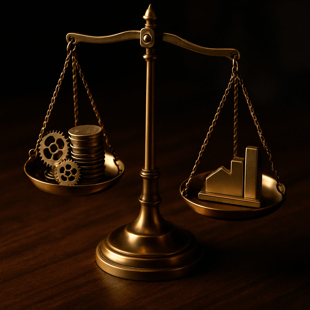 Precision brass scale balancing gears and weights symbolizing agency price floor economics