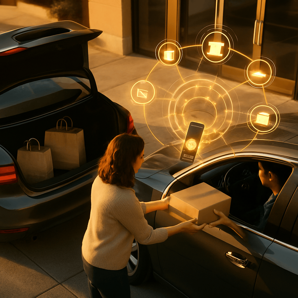 Shopper receiving curbside pickup order at modern retail store with holographic inventory overlay