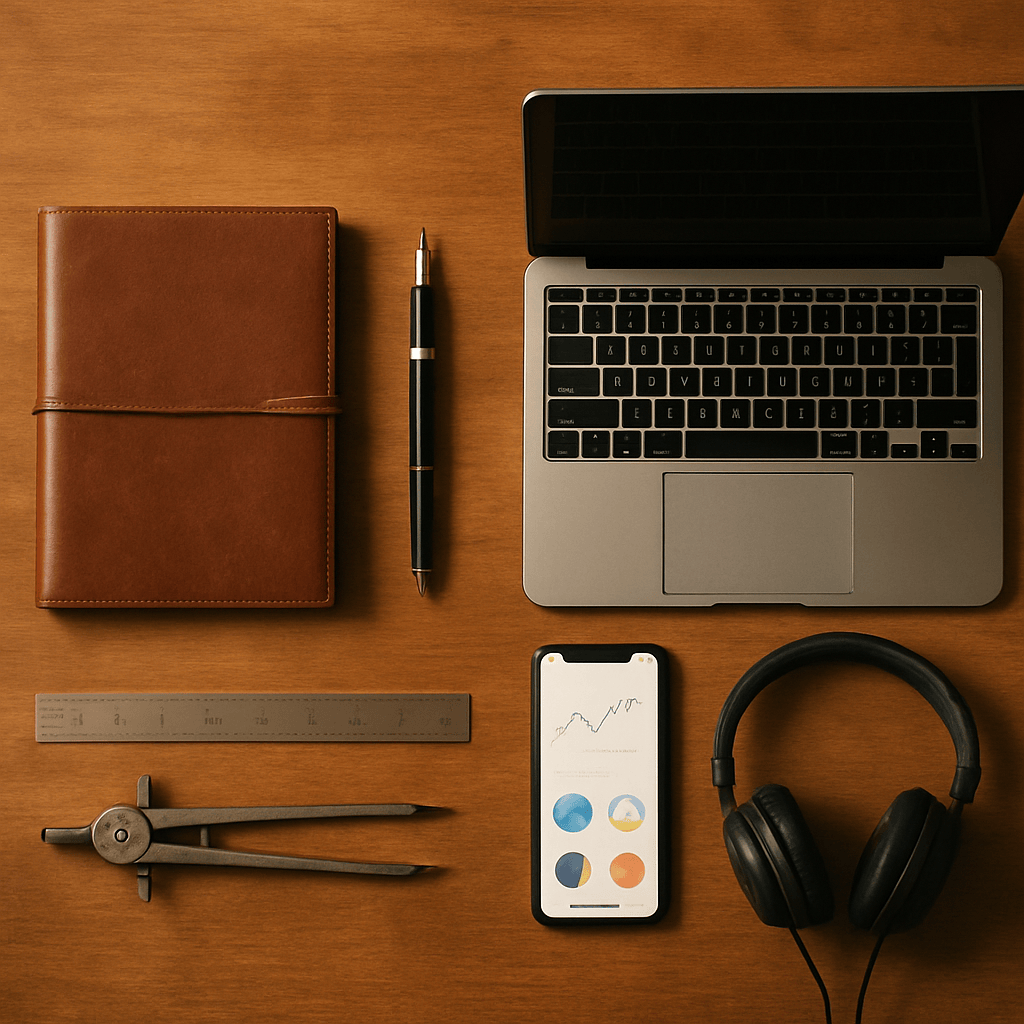 Flat-lay comparison of traditional work tools and modern digital marketing tools on wood