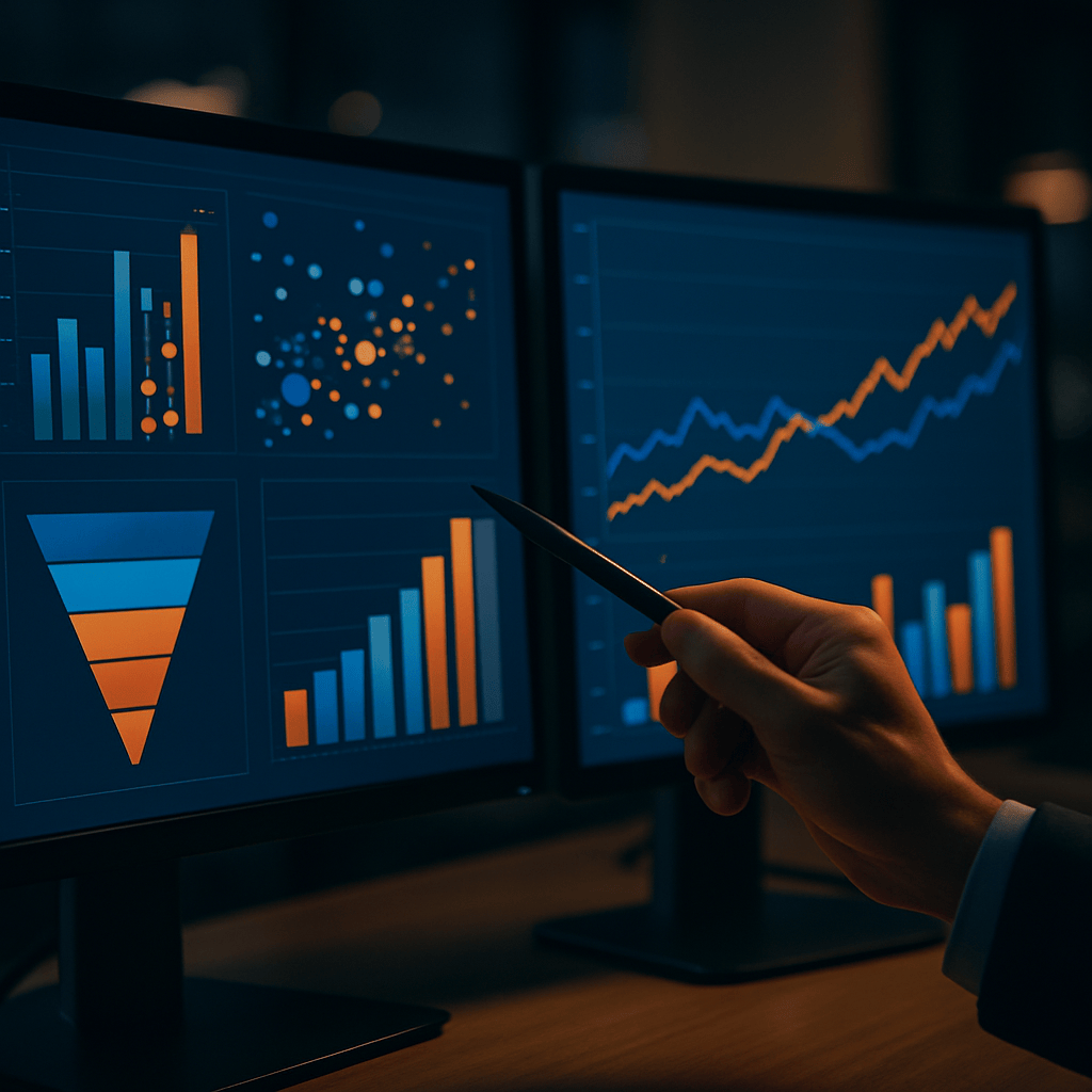 Analyst reviewing marketing performance dashboards and attribution charts on dual monitors