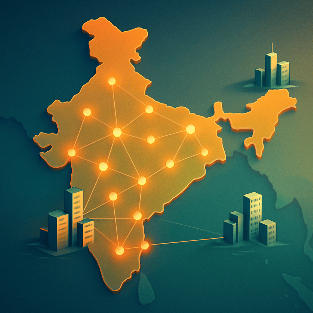 Illustrated map of India showing hiring connections between Tier-2 cities and major employer hubs