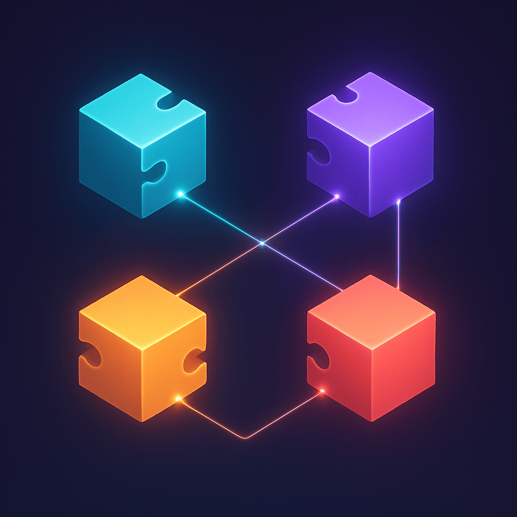 Modular glowing cubes connected by luminous lines symbolizing composable marketing stack architecture