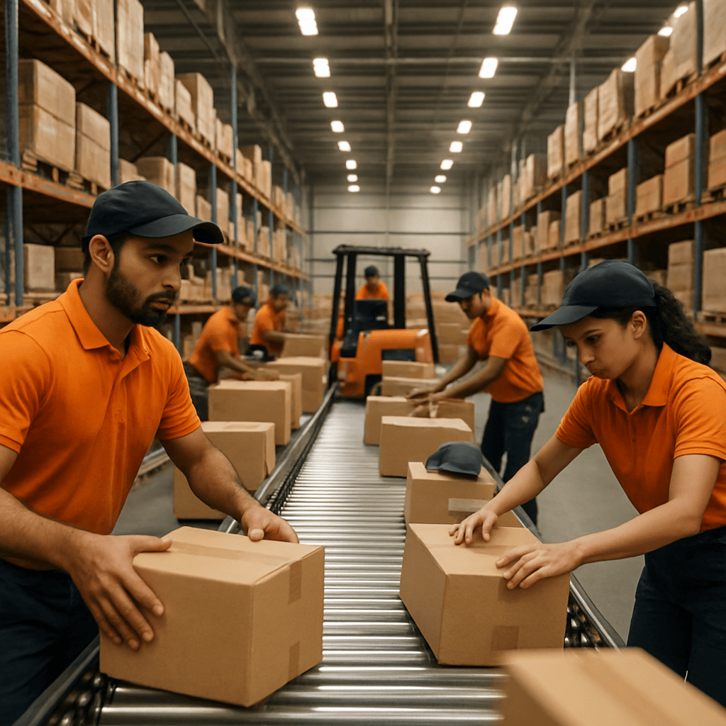 Indian e-commerce warehouse workers packing orders on conveyor belt with stacked parcels