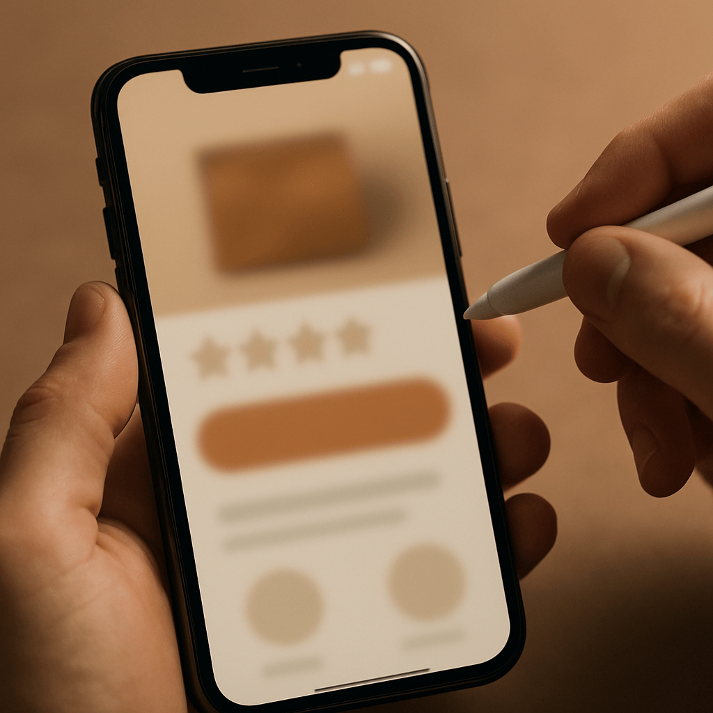 Designer refining mobile product detail page layout with hero imagery and trust elements