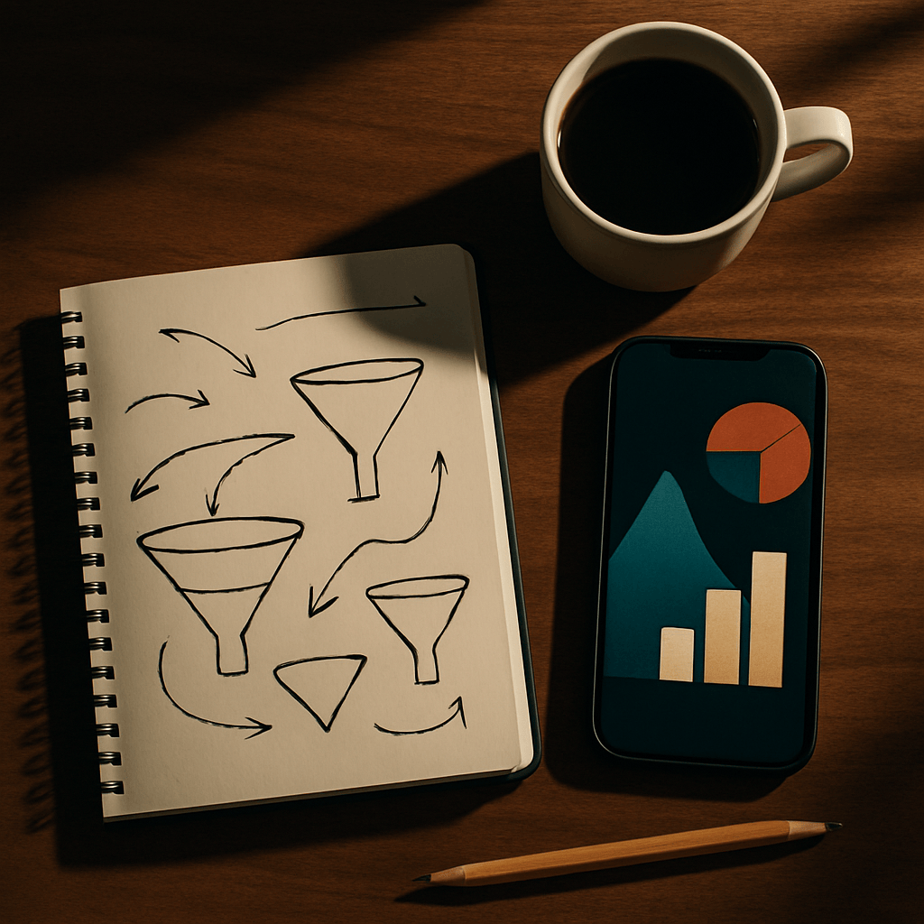 Analyst workspace with notebook sketches of funnels and arrows next to a phone showing abstract charts