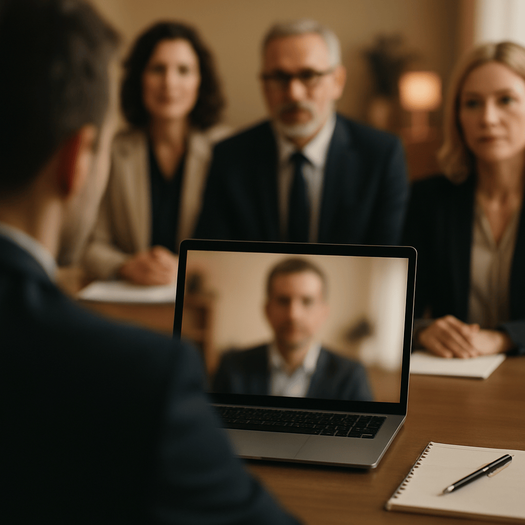 Hiring panel conducting a structured video interview with a candidate on a laptop screen