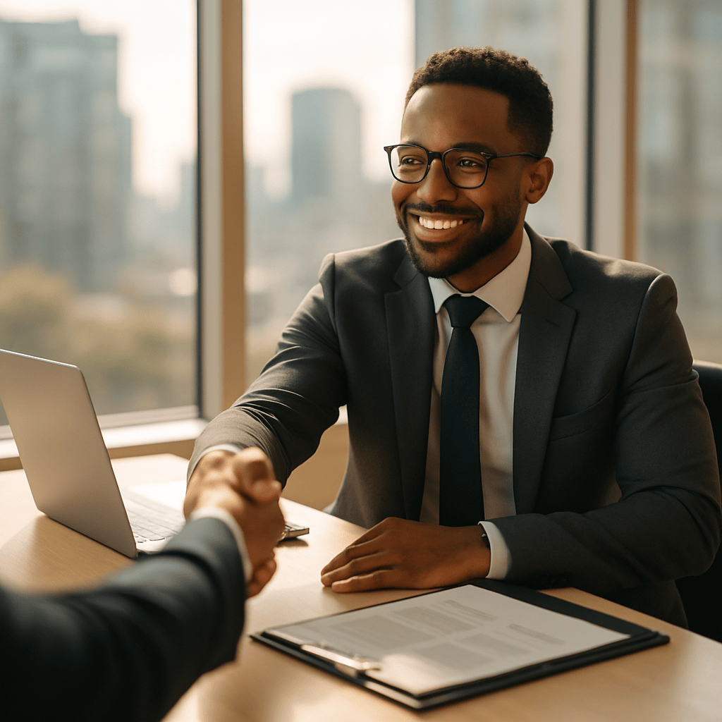 Professional handshake across office table representing successful job interview after certificate completion