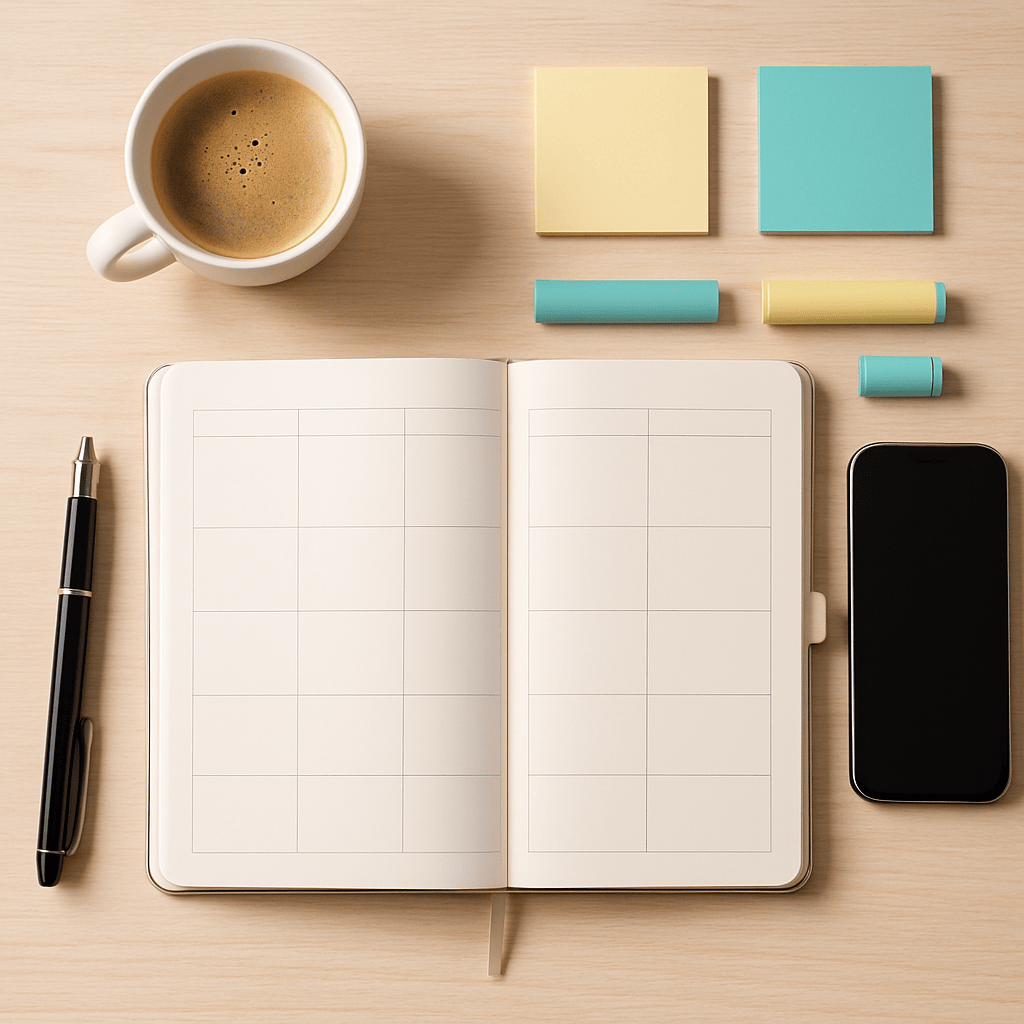 Weekly planner and productivity tools arranged for a structured negotiation preparation sprint