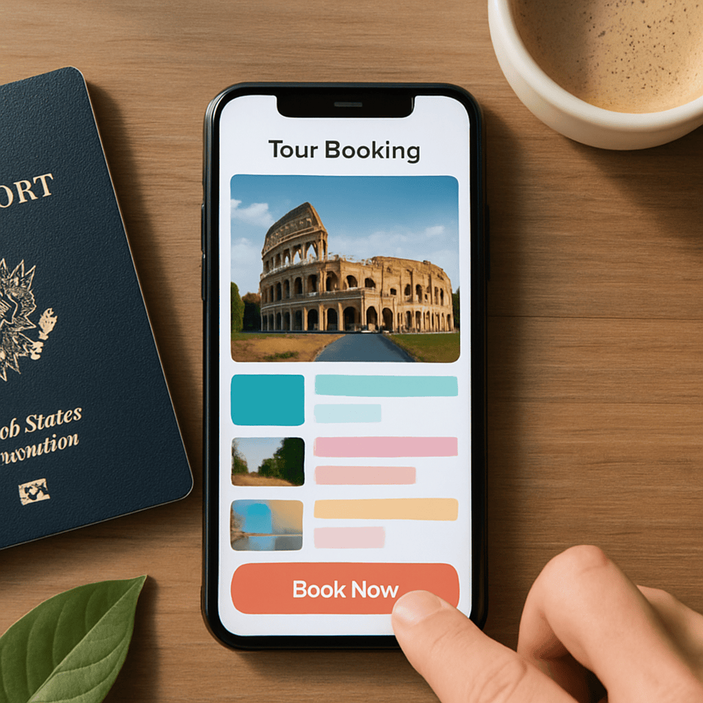 Overhead flat lay of smartphone showing tour booking interface with passport and coffee