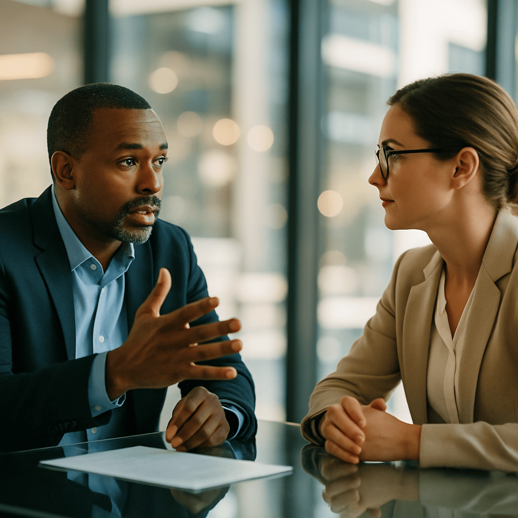 Two professionals discussing pricing strategy across a glass conference table in natural light