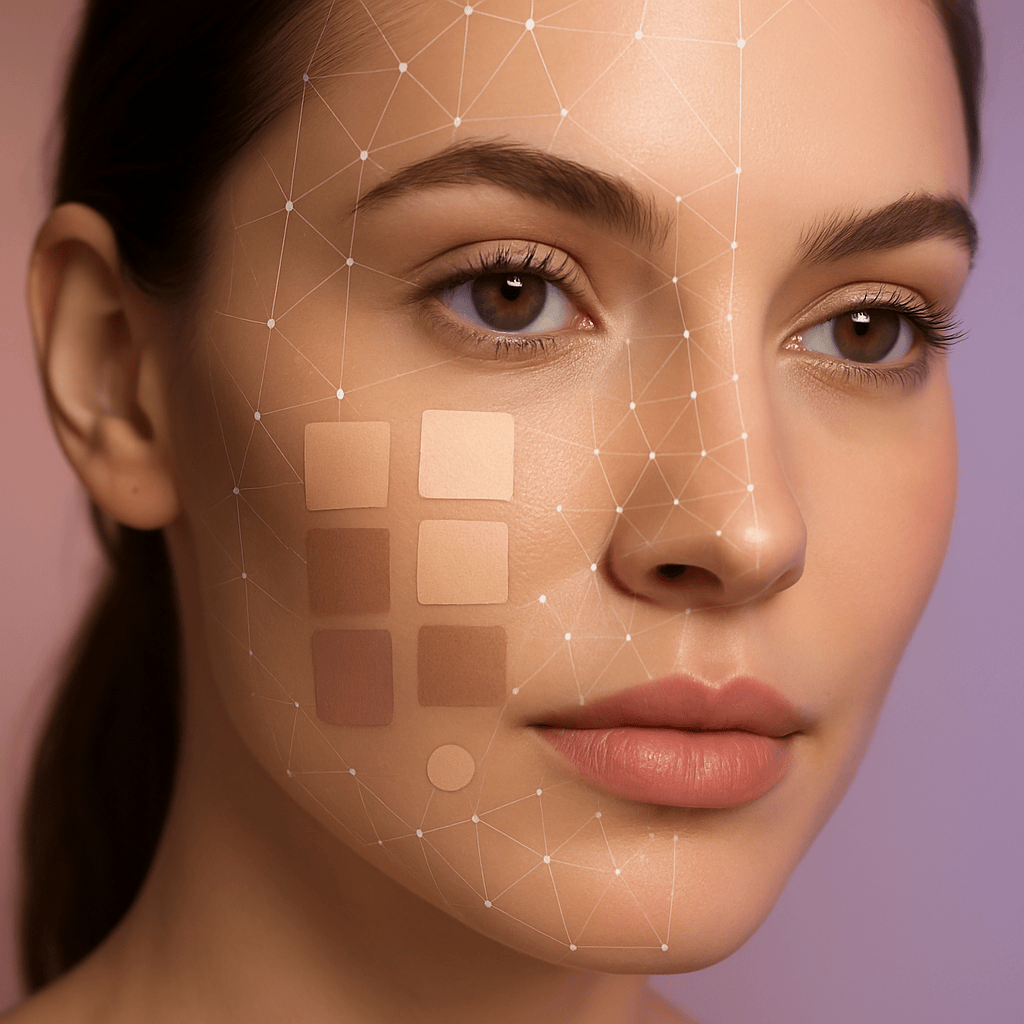 Woman's face with augmented reality beauty analysis mesh showing personalization data points