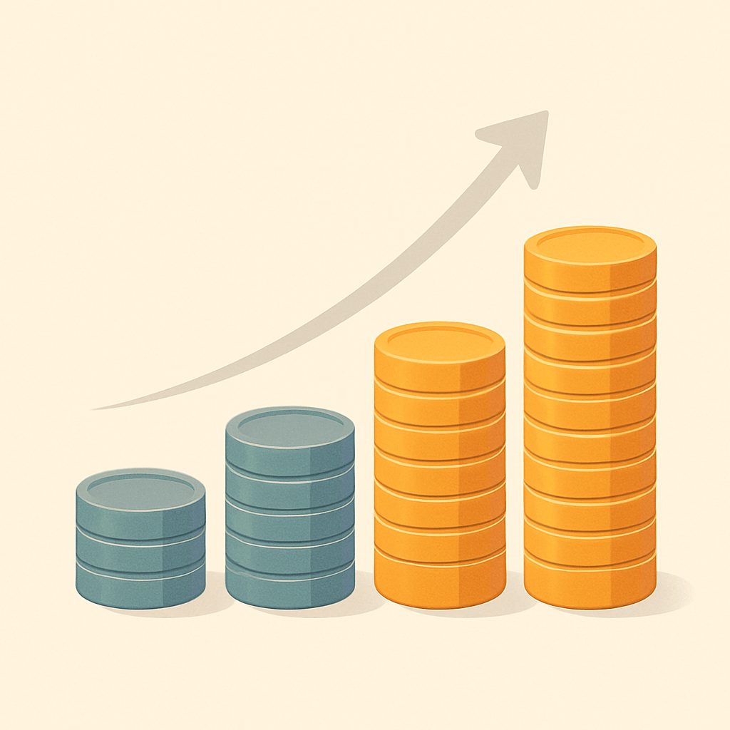 Illustrated ascending bar chart in blue and gold tones representing marketing salary growth