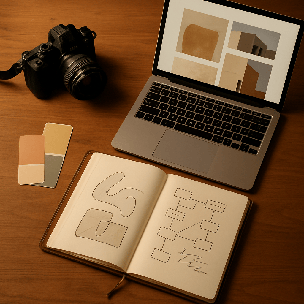 Creative portfolio layout spread across a desk showing case study pages and planning sketches