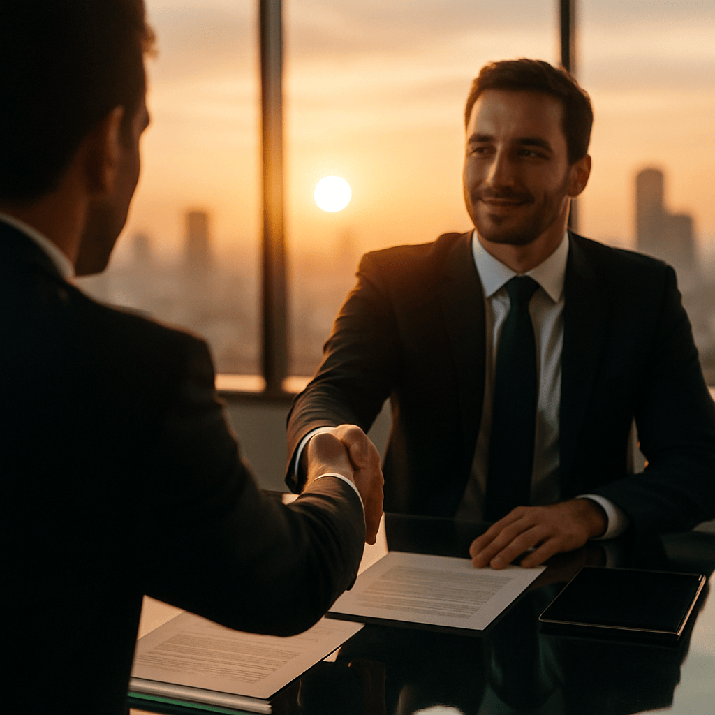 Two professionals shaking hands across a glass conference table during contract negotiation at sunset