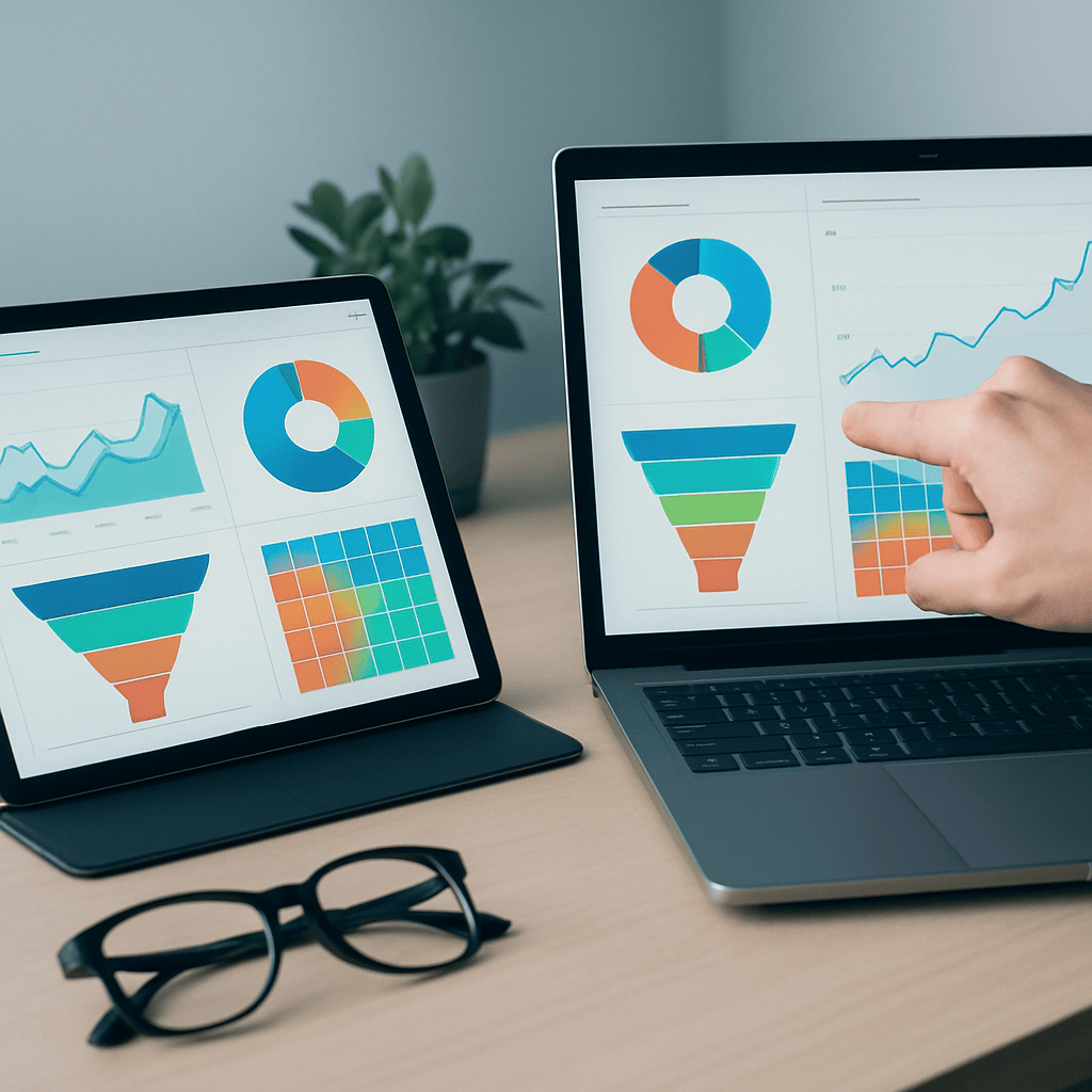Analyst reviewing abstract marketing analytics dashboards on tablet and laptop screens